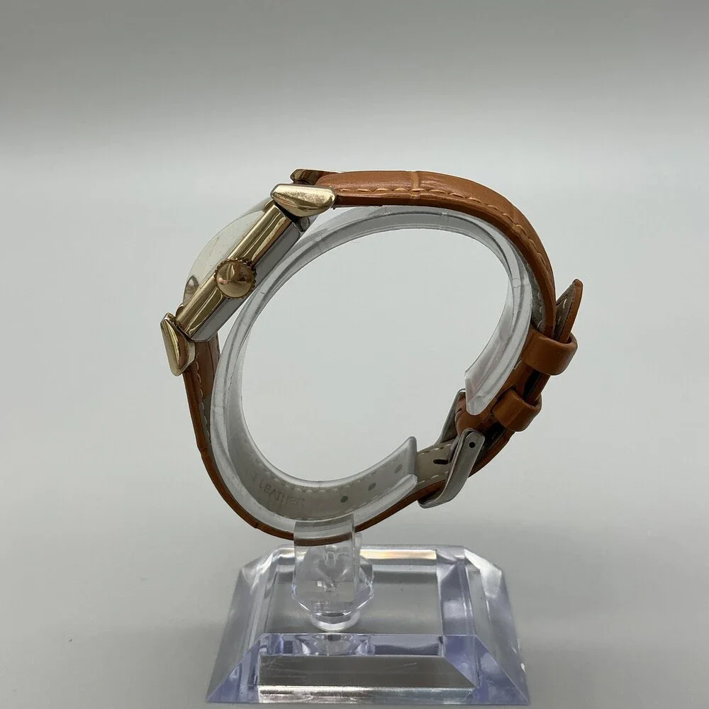 Vintage Westbury Mens Watch 22mm Silver Dial 10K RGP Brown Leather Manual Wind
